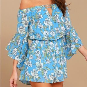 Lulu’s Blue Floral Print Off-the-Shoulder Romper